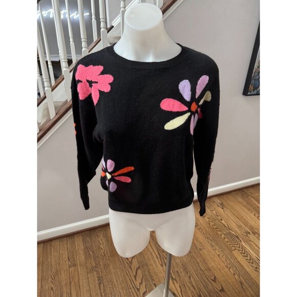 CRUSH CASHMERE Tropical Floral Cashmere Sweater Black Multi Size 0 XS - Picture 7 of 10